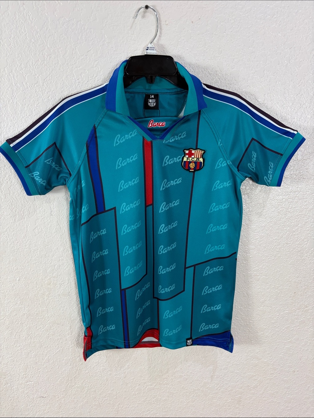 FC Barcelona Kids' Teal Soccer Jersey,Size 14.